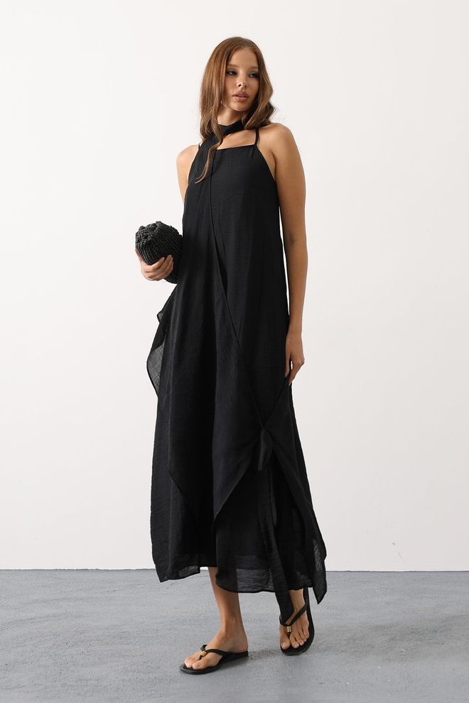 Reyon Rochie Shift Maxi Neagră Elegantă Cu Gât Înalt Îmbrăcăminte cu ridicata Casual