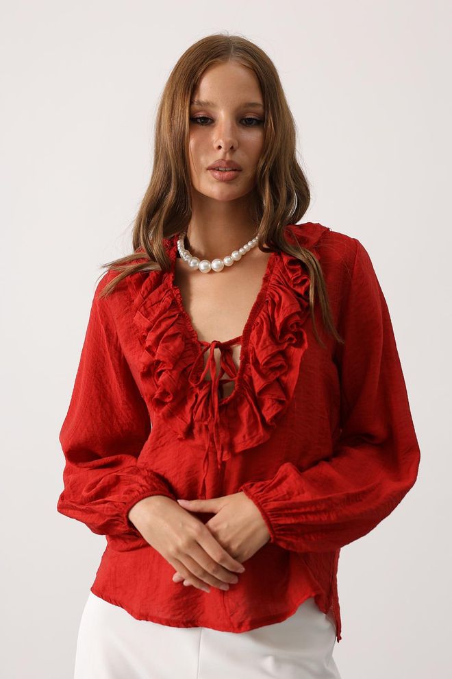 Reyon Camicetta Rossa Elegante Con Maniche A Palloncino Abbigliamento all'ingrosso Annata