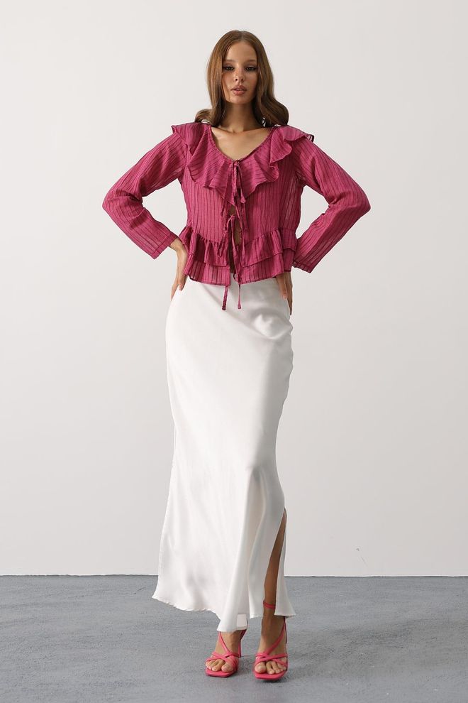 Reyon Camicetta Fucsia A Righe Con Scollo A V E Maniche Lunghe Dritte Abbigliamento all'ingrosso Casuale