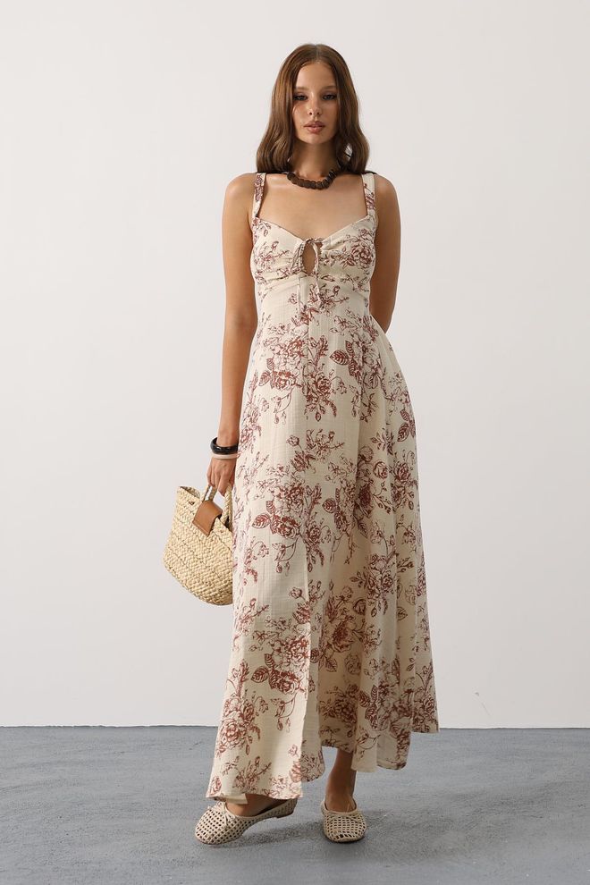Reyon Beige Boho Slip Maxi Dress With Sweetheart Neck Wholesale Clothing Casual
