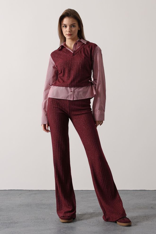 Reyon Комплект Елегантен На Райета Бордо Дрехи на едро Небрежен