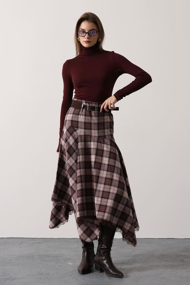 Reyon Кафяво Шахматна Асиметрична Миди Пола С Висока Талия Дрехи на едро Небрежен