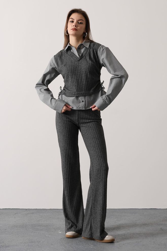 Reyon Conjunto Negro Casual Elegante Con Patrón A Rayas Y Cuadros Ropa al por mayor Casual