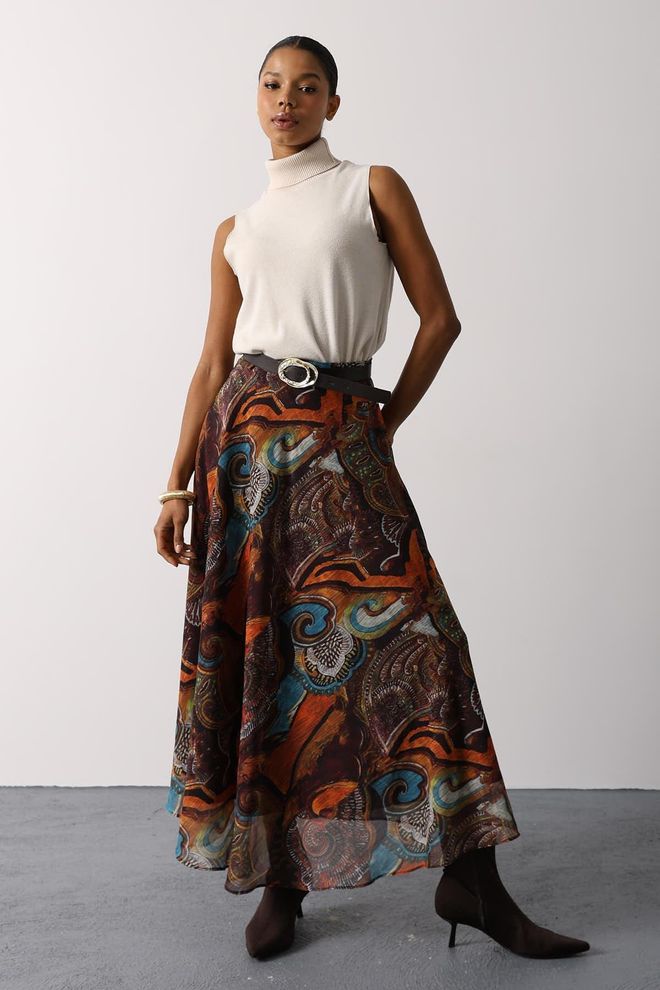 Reyon Кафява Етно Елегантна Клоширана Макси Пола С Висока Талия Дрехи на едро Небрежен