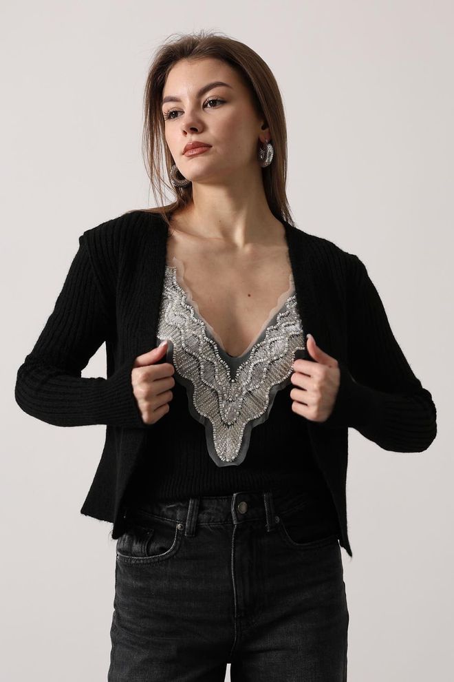 Reyon جلس أسود أنيق بفتحة رقبة غائرة ملابس بالجملة غير رسمي