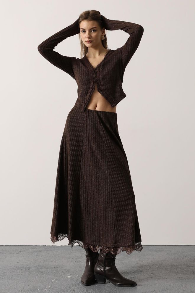 Reyon Saia Castanha Elegante Vintage Alargada Maxi Cintura Média Roupas por atacado Modesto