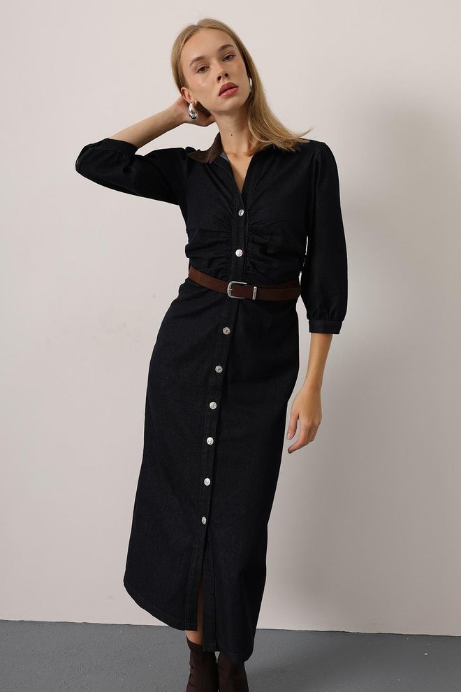 Reyon Vestido Camisa Preto Casual Elegante Formal Roupas por atacado Casual