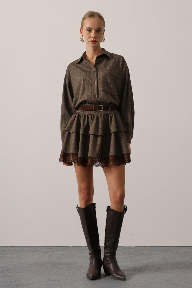 Reyon Brown Checkered Layered Mini Skirt Wholesale Clothing Casual