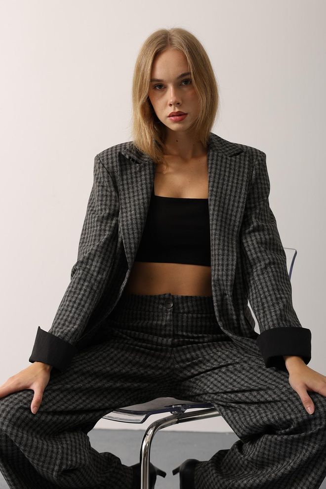 Reyon Black Houndstooth Formal Oversized Fit Suit Wholesale Clothing Vintage
