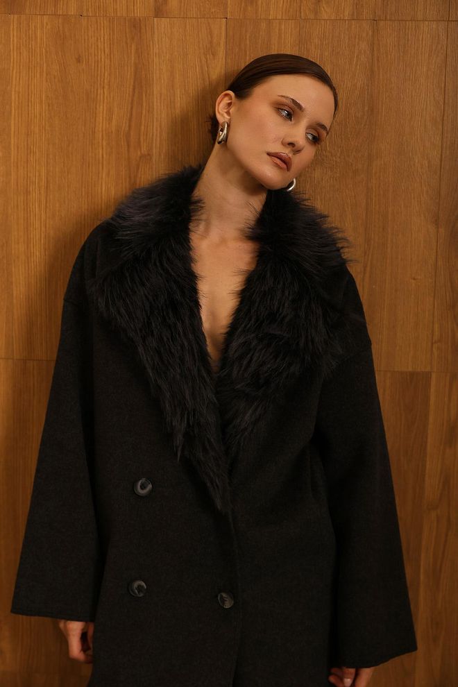 Reyon Casaco Preto Elegante De Um Só Breasted Com Pele Roupas por atacado 5