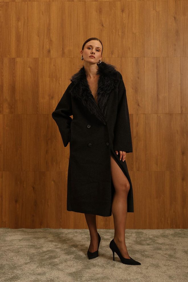 Reyon Casaco Preto Elegante De Um Só Breasted Com Pele Roupas por atacado Outono