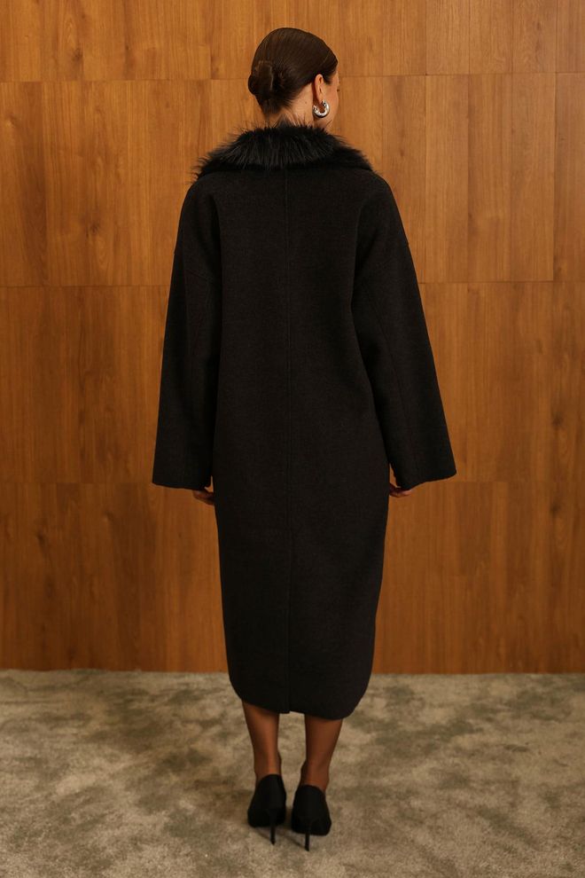 Reyon Casaco Preto Elegante De Um Só Breasted Com Pele Roupas por atacado Inverno