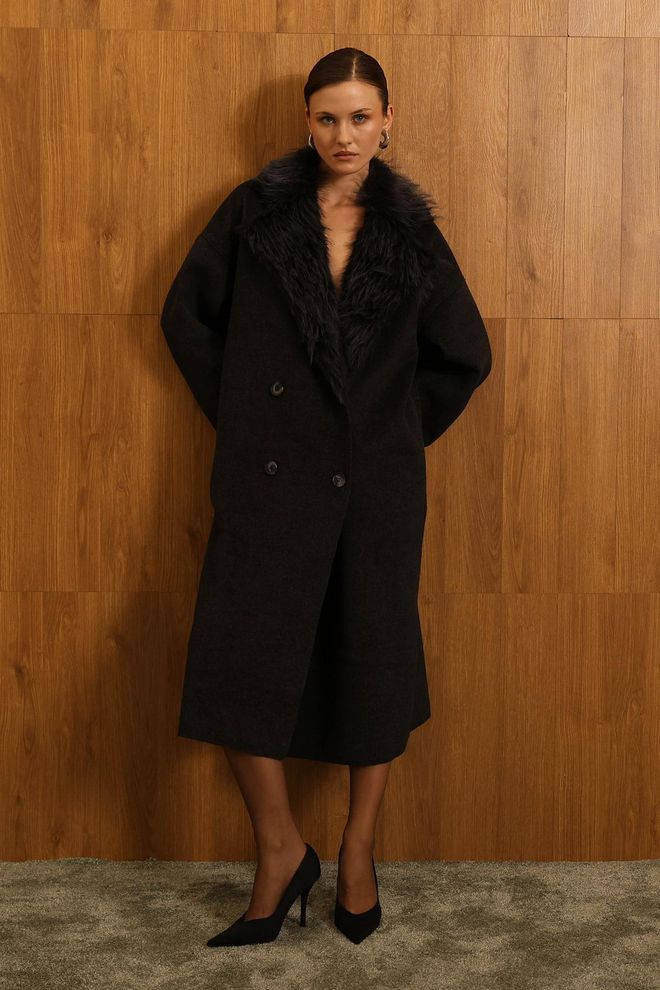 Reyon Casaco Preto Elegante De Um Só Breasted Com Pele Roupas por atacado Natal