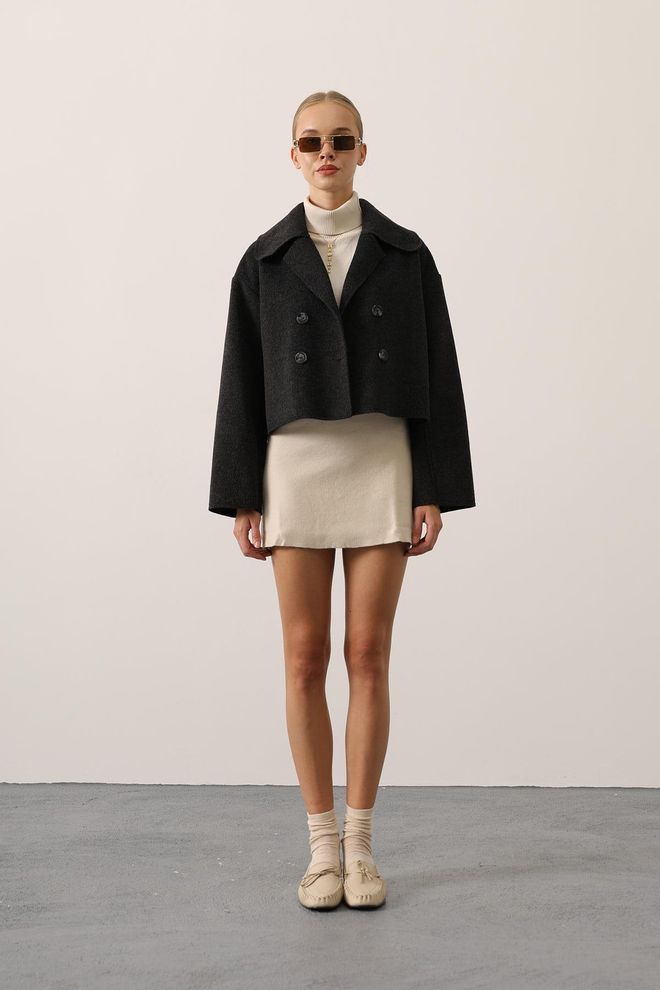 Reyon معطف أسود مزدوج الصدر بمقاس كبير وقصة اقتصاص ملابس بالجملة غير رسمي