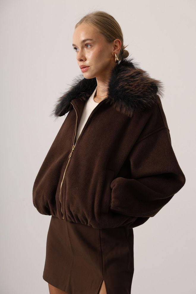 Reyon بني قاذفة القنابل السترة مع طوق مسنن ملابس بالجملة غير رسمي