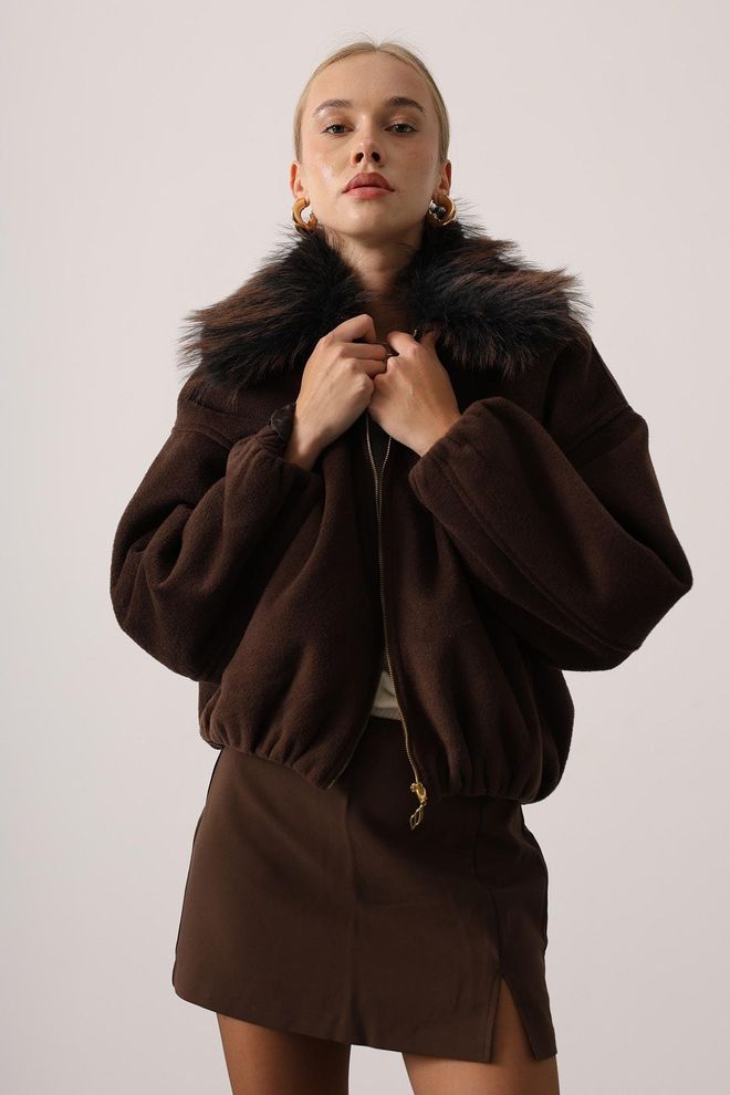 Reyon Jaqueta Bomber Castanha Com Colar Entalhado Roupas por atacado 1