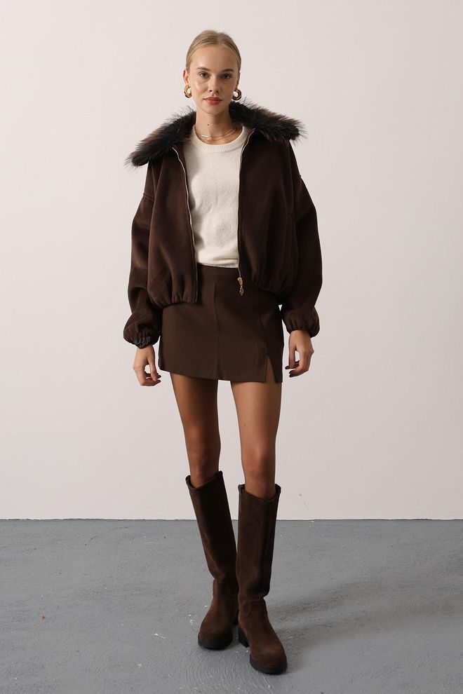 Reyon Jaqueta Bomber Castanha Com Colar Entalhado Roupas por atacado Trabalho