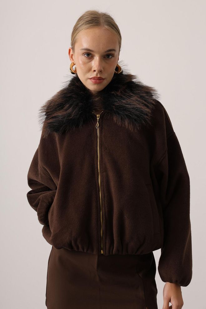 Reyon Jaqueta Bomber Castanha Com Colar Entalhado Roupas por atacado Aniversário