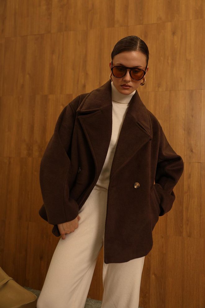 Reyon Manteau Brun Double Boutonnage Grande Taille Vêtements en gros Décontracté