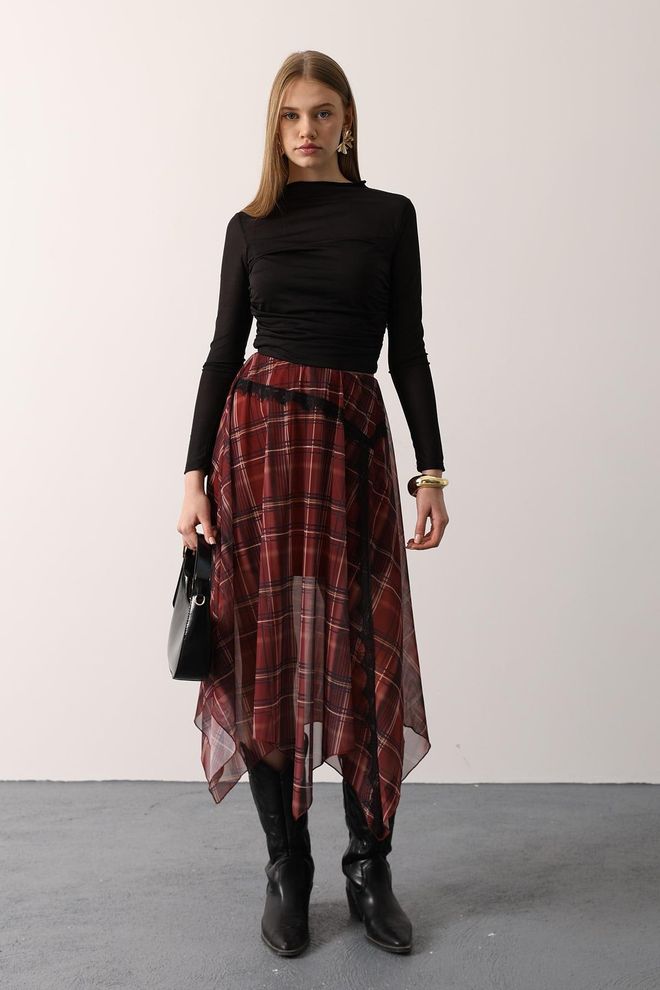 Reyon Bordowa Czerwona Kraciasta Asymetryczna Spódnica Midi Hurtowa sprzedaż odzieży Praca