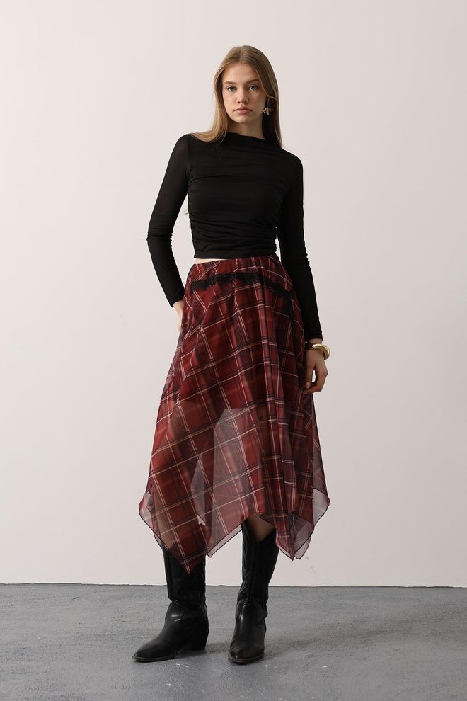 Reyon Bordowa Czerwona Kraciasta Asymetryczna Spódnica Midi Hurtowa sprzedaż odzieży 1