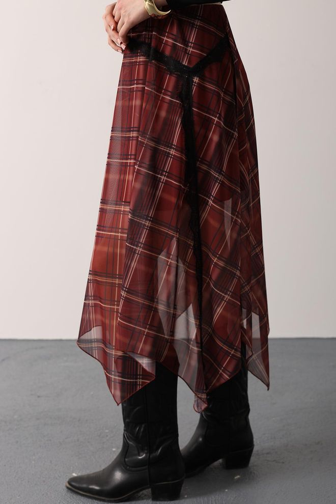 Reyon Bordowa Czerwona Kraciasta Asymetryczna Spódnica Midi Hurtowa sprzedaż odzieży Wiosna