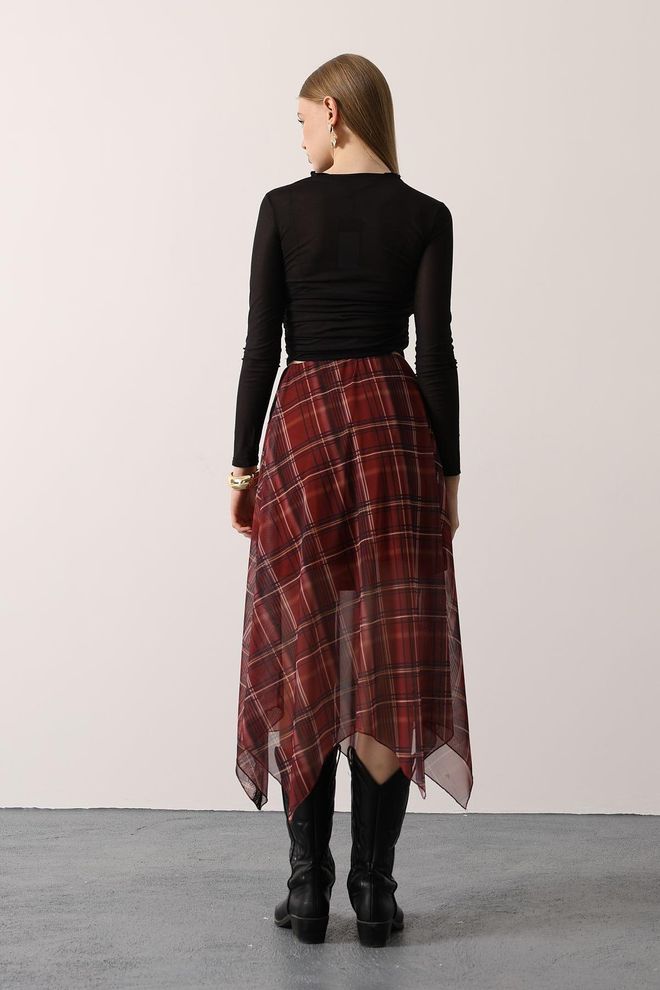 Reyon Bordowa Czerwona Kraciasta Asymetryczna Spódnica Midi Hurtowa sprzedaż odzieży 5
