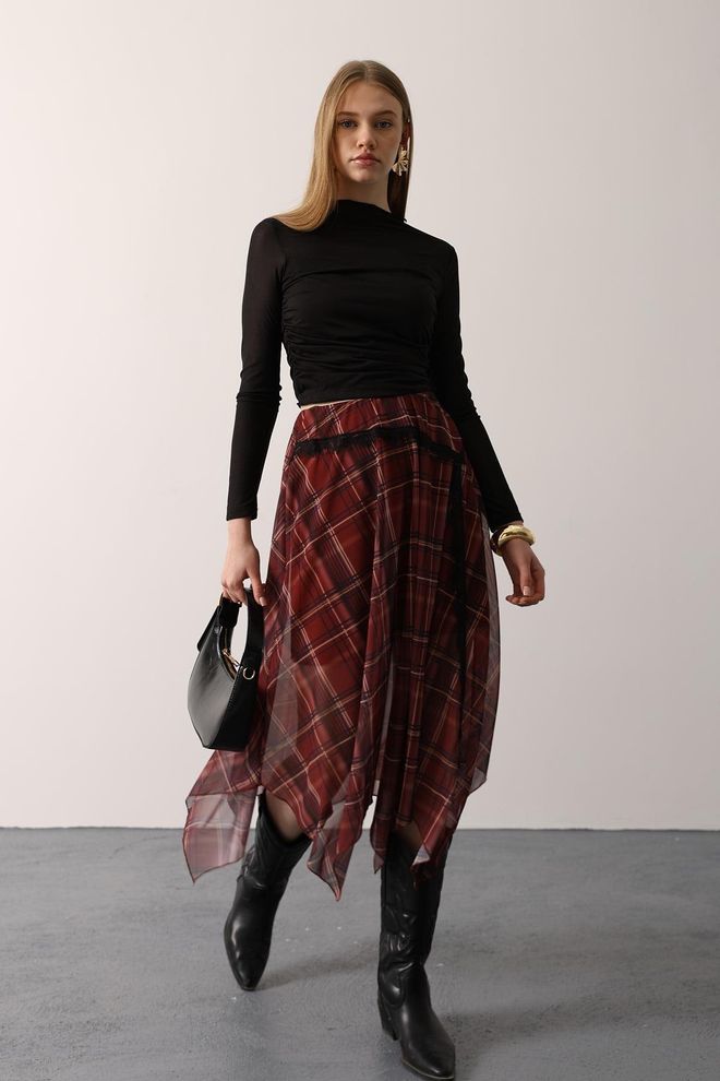 Reyon Bordowa Czerwona Kraciasta Asymetryczna Spódnica Midi Hurtowa sprzedaż odzieży Boho