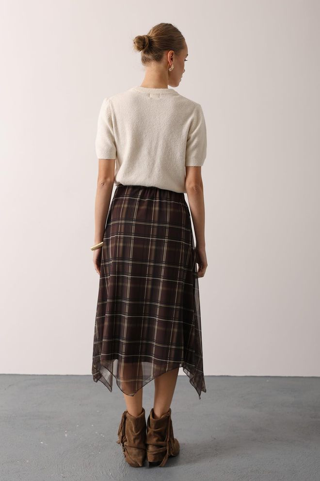 Reyon Brauner Kariert Asymmetrischer Midi Rock Großhandelskleidung 5