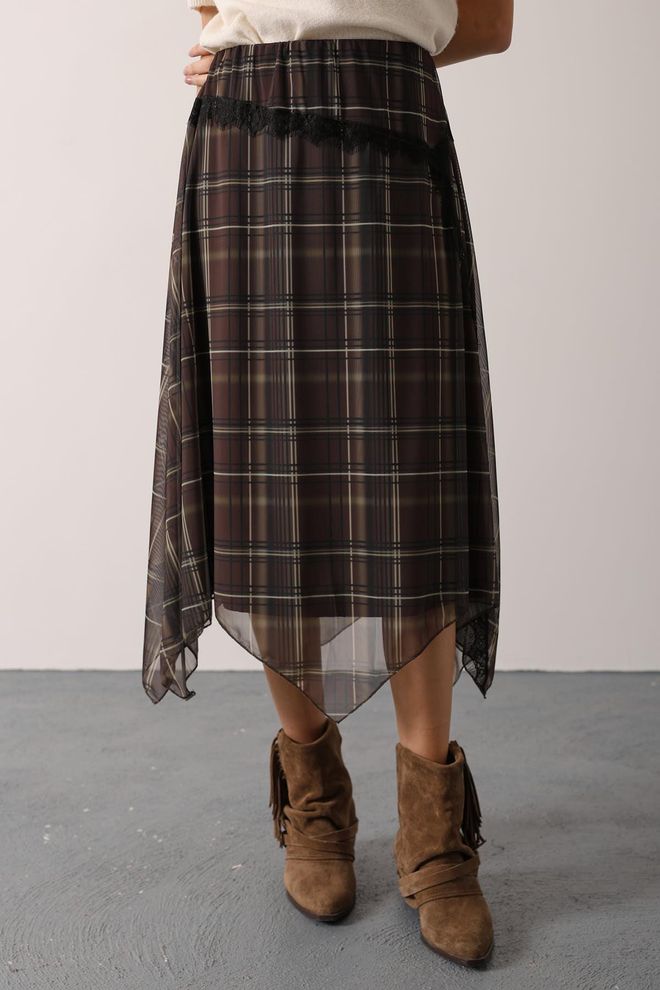 Reyon Brauner Kariert Asymmetrischer Midi Rock Großhandelskleidung Herbst