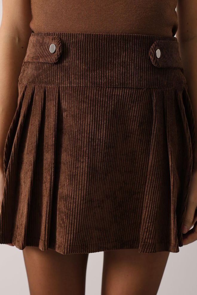 Reyon Brauner Plissierter Minirock Mit Pattentaschen Großhandelskleidung Jahrgang