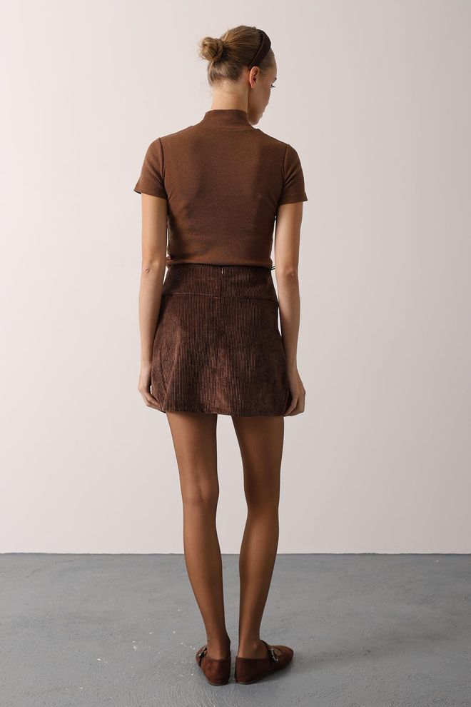 Reyon Brauner Plissierter Minirock Mit Pattentaschen Großhandelskleidung Cocktail