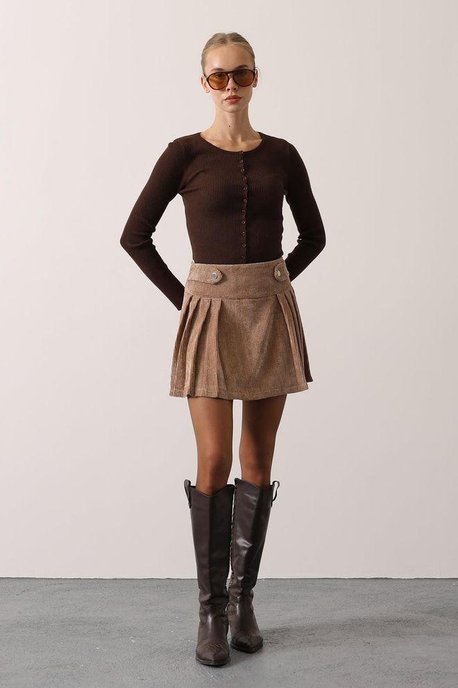 Reyon Brauner Plissierter Mini Rock Mit Hoher Taille Für Den Herbst Großhandelskleidung Lässig