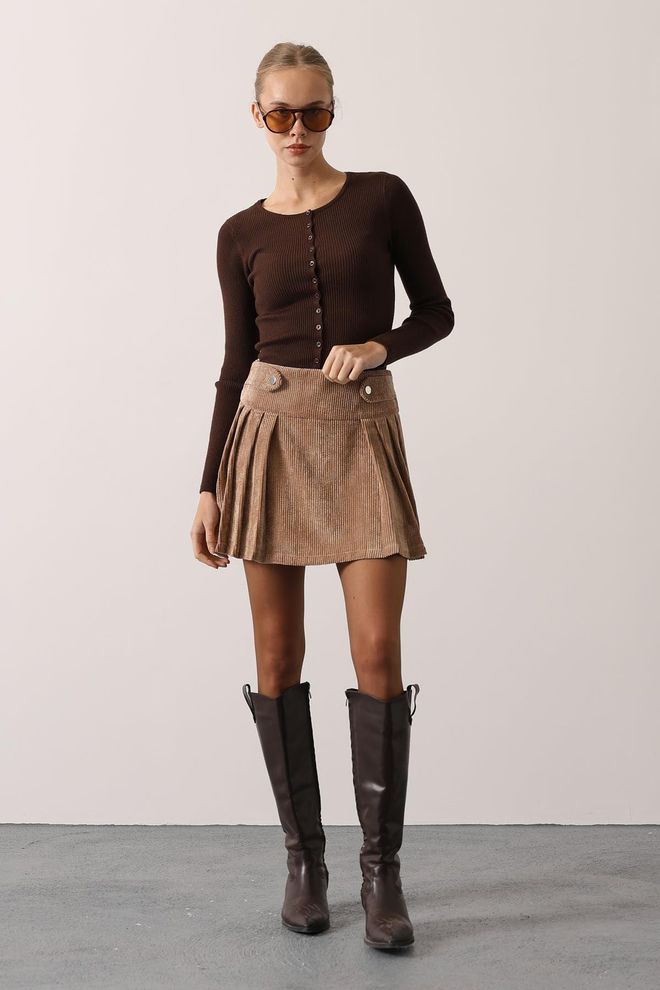 Reyon Gonna Plissettata Mini Marrone Vita Alta Per L'autunno Abbigliamento all'ingrosso Lavoro