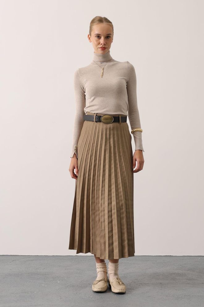 Reyon Khaki Plissierter Maxi Rock Hohe Taille Pull On Ohne Tasche Großhandelskleidung Modest