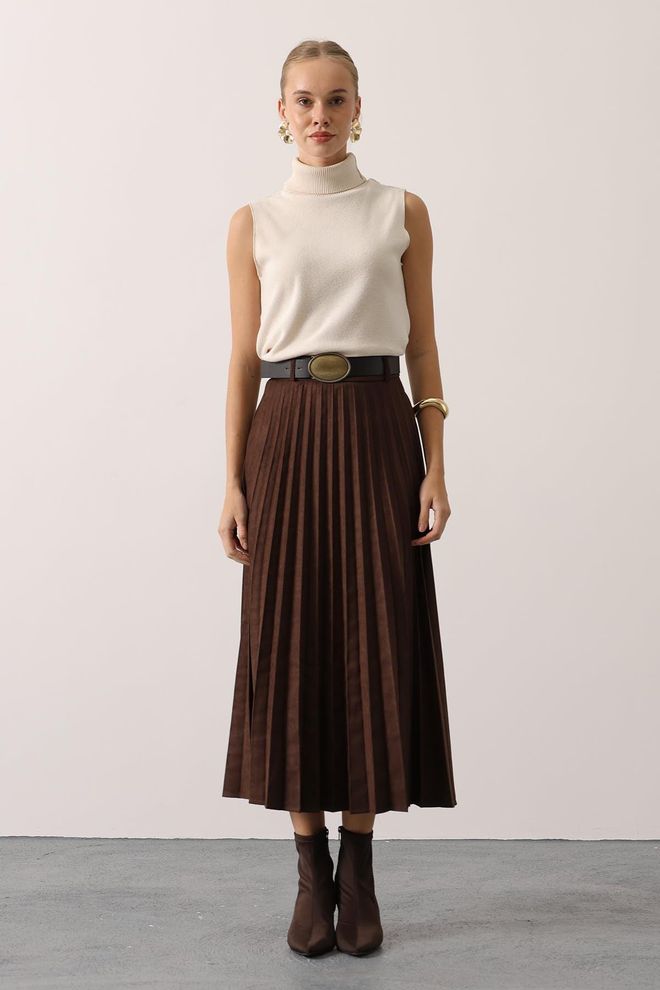 Reyon Brauner Plissierter Midi Rock Mit Hoher Taille Großhandelskleidung Lässig