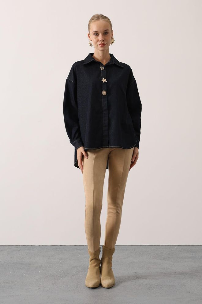 Reyon Черная Повседневная Рубашка Оверсайз С Зубчатым Вырезом Оптовая продажа одежды Повседневный