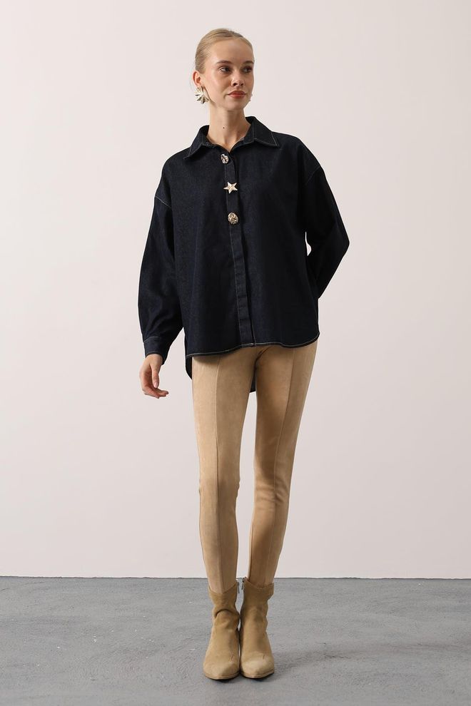 Reyon Черная Повседневная Рубашка Оверсайз С Зубчатым Вырезом Оптовая продажа одежды 1