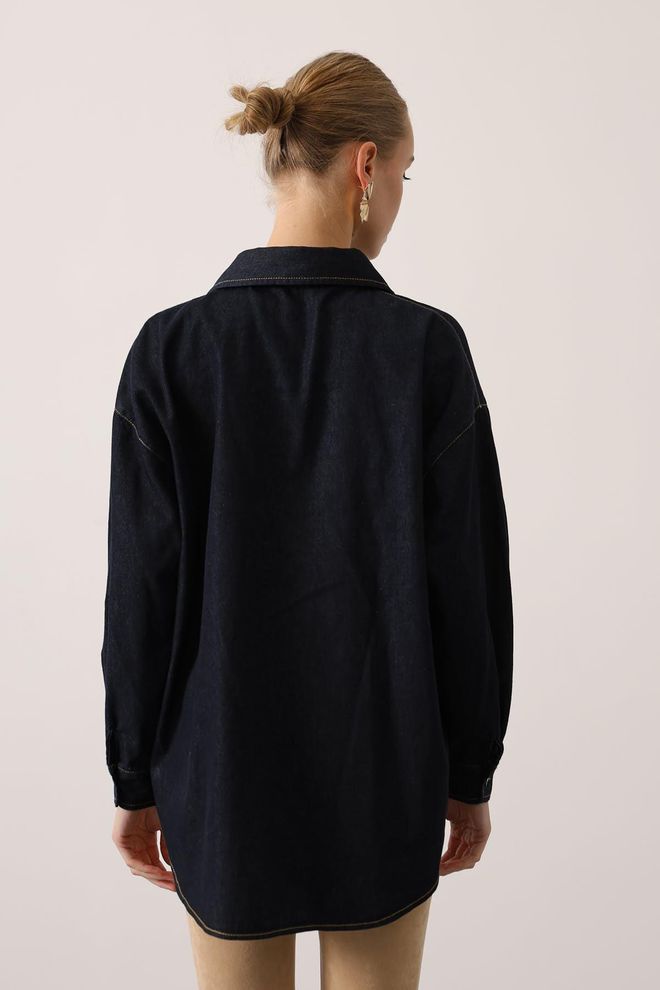 Reyon Черная Повседневная Рубашка Оверсайз С Зубчатым Вырезом Оптовая продажа одежды 5