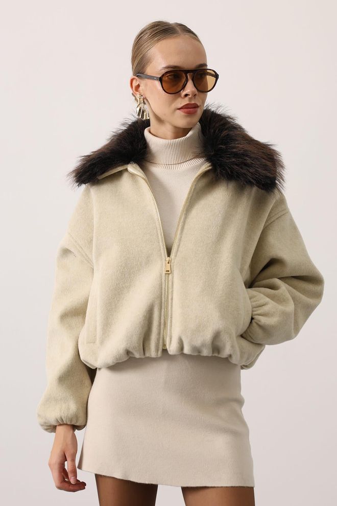 Reyon Jaqueta Bomber Bege Com Colar Entalhado Roupas por atacado Trabalho