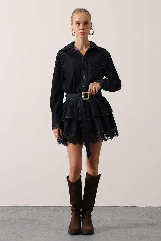 Reyon Czarna Elegancka Mini Sukienka Koszulowa Z Długimi Prostymi Rękawami Hurtowa sprzedaż odzieży Wiosna