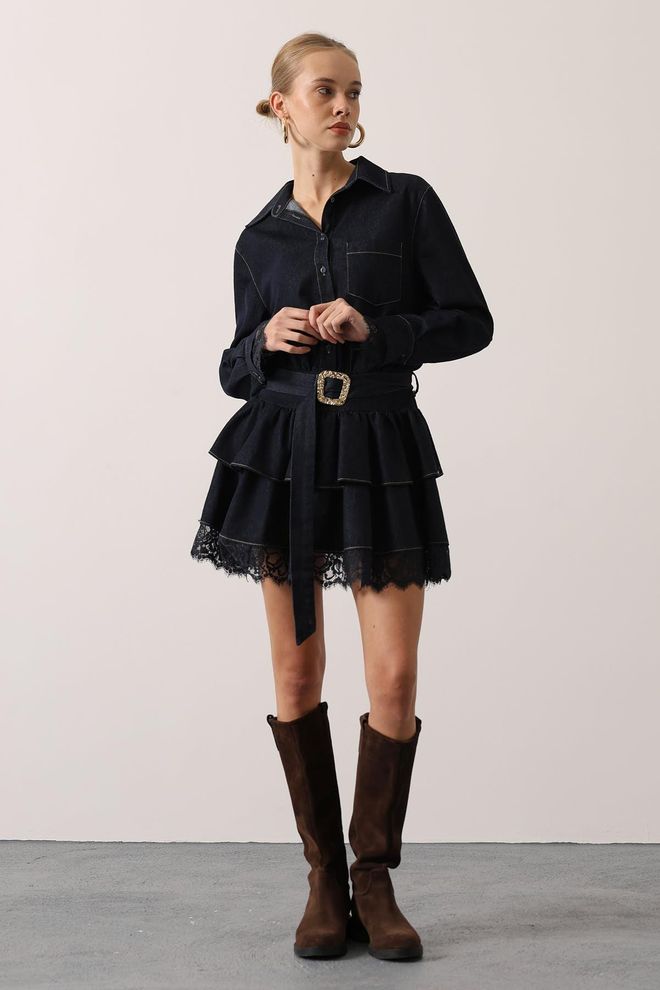 Reyon Czarna Elegancka Mini Sukienka Koszulowa Z Długimi Prostymi Rękawami Hurtowa sprzedaż odzieży Praca