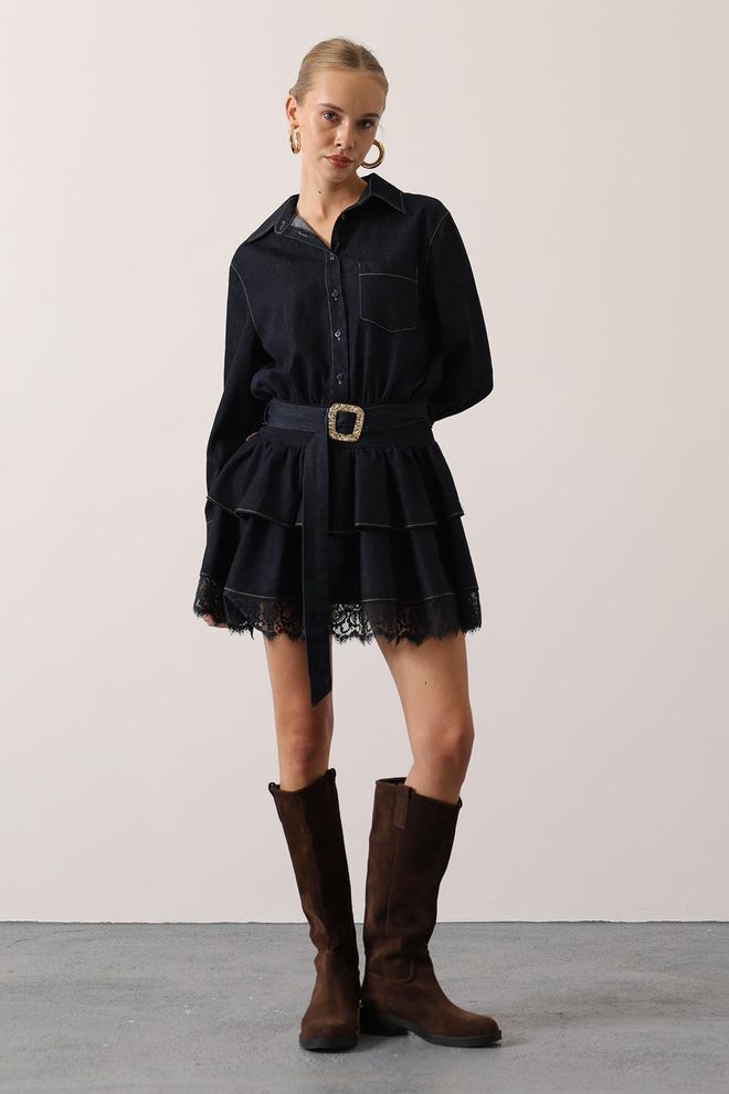 Reyon Czarna Elegancka Mini Sukienka Koszulowa Z Długimi Prostymi Rękawami Hurtowa sprzedaż odzieży 1