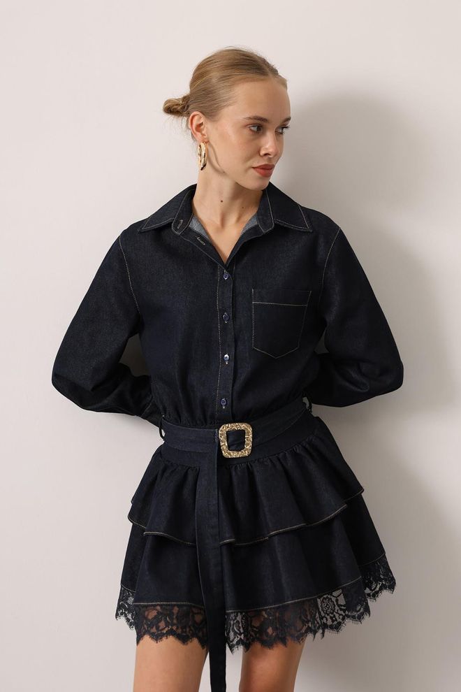 Reyon Czarna Elegancka Mini Sukienka Koszulowa Z Długimi Prostymi Rękawami Hurtowa sprzedaż odzieży 5