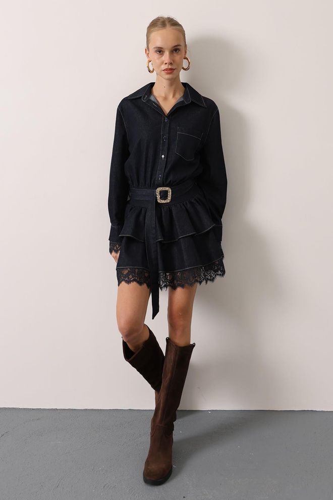 Reyon Czarna Elegancka Mini Sukienka Koszulowa Z Długimi Prostymi Rękawami Hurtowa sprzedaż odzieży Formalny