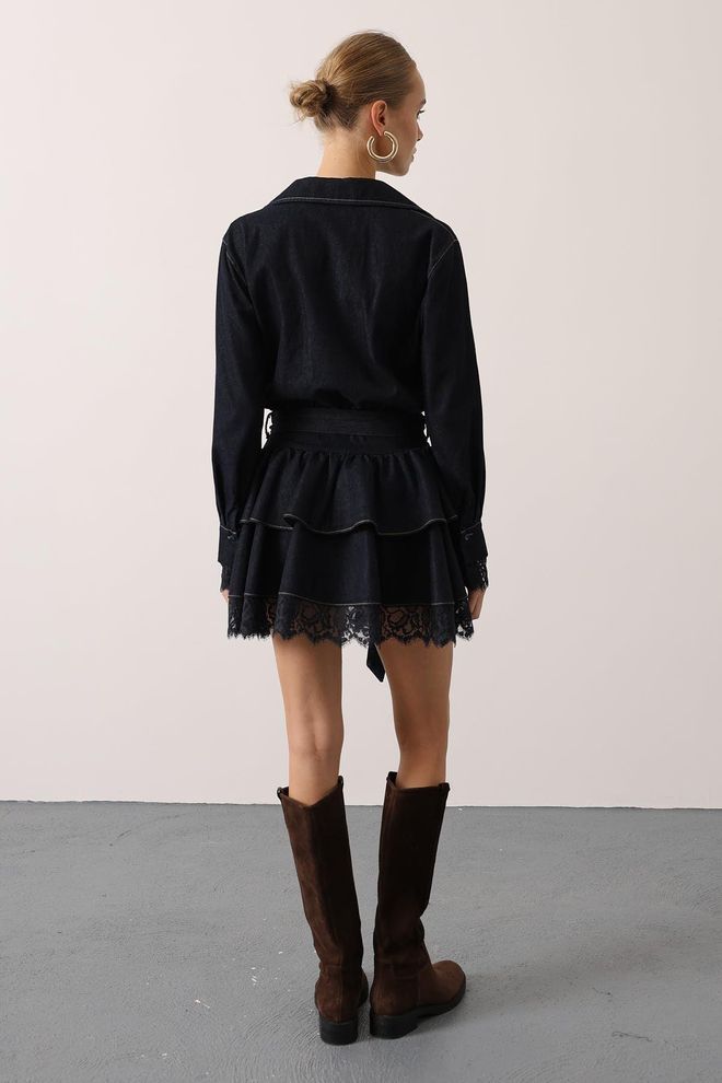 Reyon Czarna Elegancka Mini Sukienka Koszulowa Z Długimi Prostymi Rękawami Hurtowa sprzedaż odzieży 9