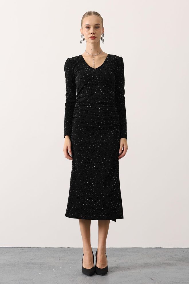 Reyon Siyah Resmi Zarif Işıltılı Seksi Bodycon Elbise Toptan Giyim Doğum Günü