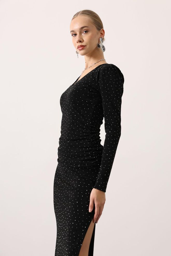 Reyon Siyah Resmi Zarif Işıltılı Seksi Bodycon Elbise Toptan Giyim Bahar