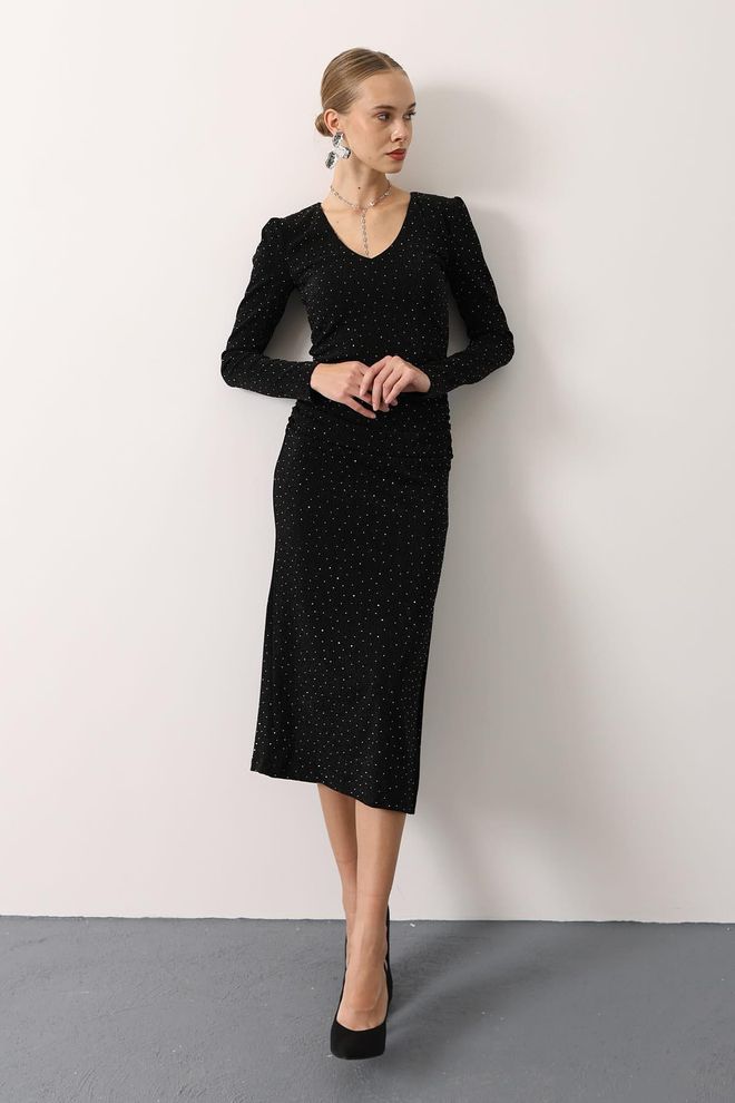 Reyon Siyah Resmi Zarif Işıltılı Seksi Bodycon Elbise Toptan Giyim Resmi