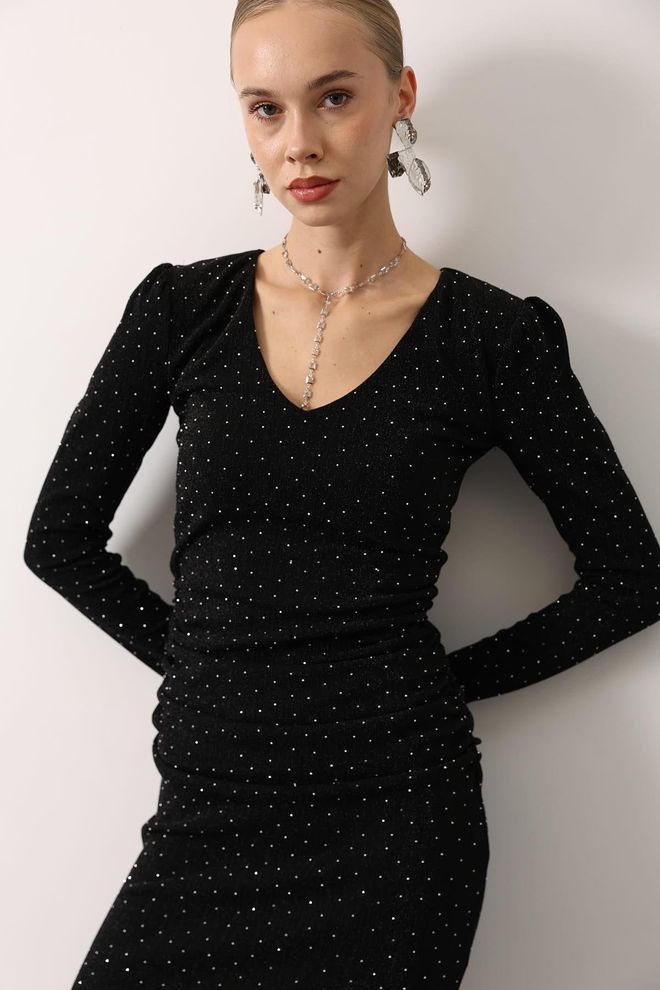 Reyon Siyah Resmi Zarif Işıltılı Seksi Bodycon Elbise Toptan Giyim 5